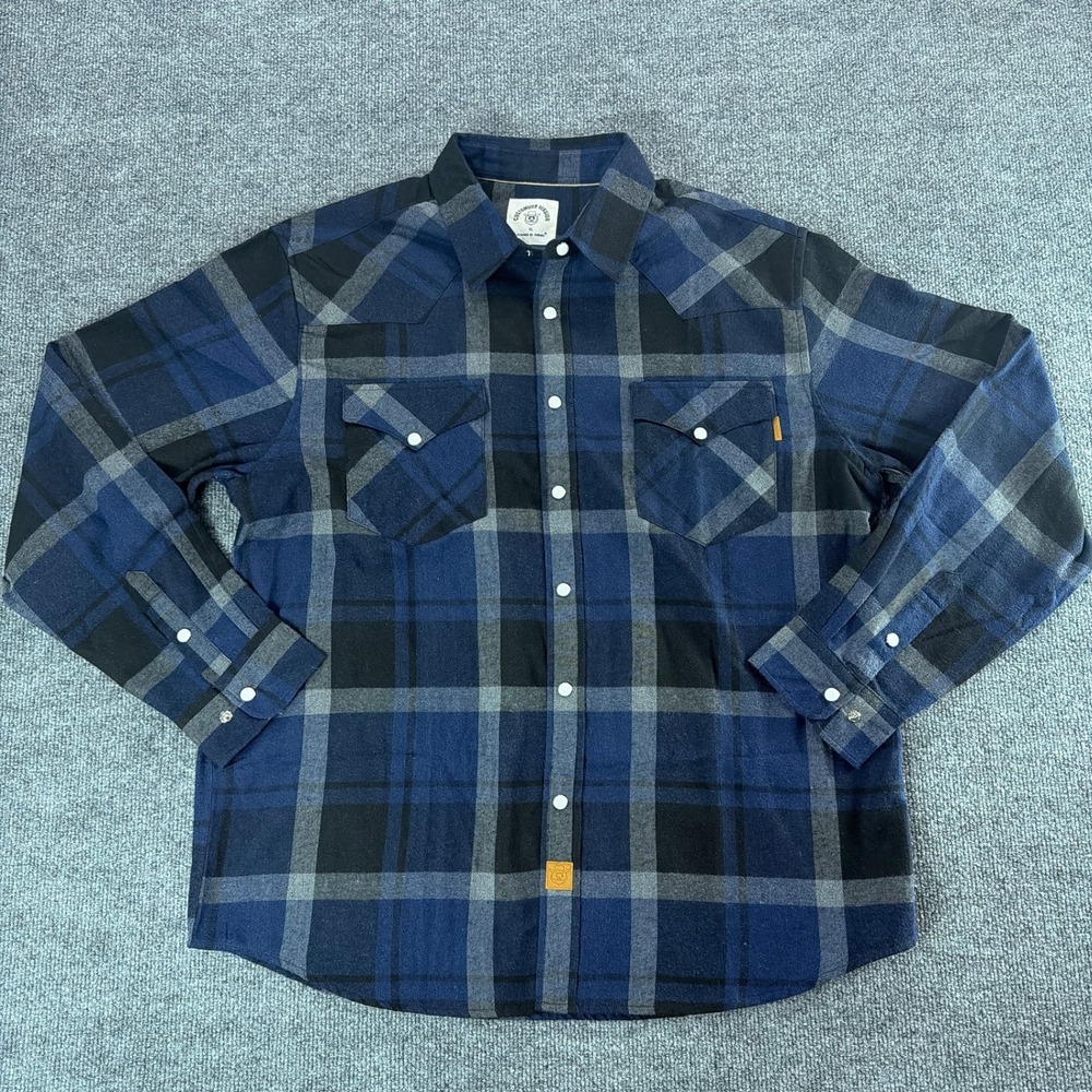 Dubinik Mens XL Flannel Western Shirt Blue Black Buffalo Plaid Pearl Snap Fall